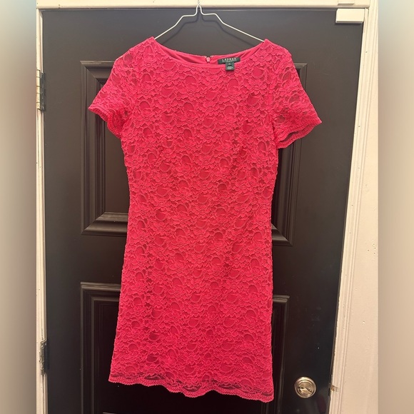 Lauren Ralph Lauren Pink Lace Sheath Dress, Size 12 | Wedding Guest Short Sleeve - Picture 1 of 3